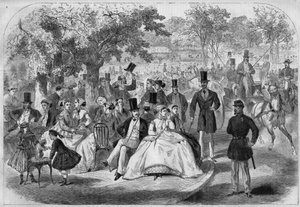 Parisisk livsscen, en eftermiddag vid Bois de Boulogne på 1800-talet. Gravyr efter teckning av Pelcoq. I "" L