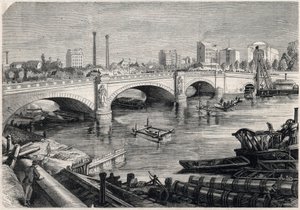 Förvandlingar av Paris under det andra kejsardömet, Haussmann Paris: arbeten utförda framför Alma-bron i Paris för passage av samlarkloaken längst ner på Seine. Teckning av Jules Pelcoq. Gravyr i "" The Illustrous Unive