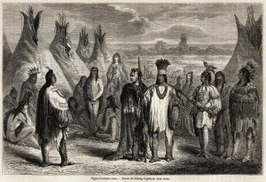Typer av Crees-indianer i Kanada, teckning av Pelcoq, för att illustrera utforskningen av Klippiga bergen 1857-59 av kapten John Palliser. Gravyr i "" Le tour du monde, nouveau journal des voyages"" Paris
