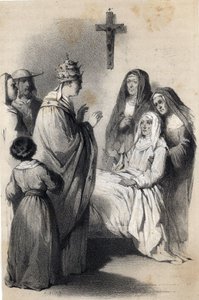 Representation av Saint Claire (Chiara) av Assisi (ca 1192-1253), grundare av Clares religiösa orden i "The illustrious Women of Europe". Av grevinnan Drohojowska, född Symon av Latreiche. Illustrerande teckningar av Jules David och Raunheim. omkring 1850