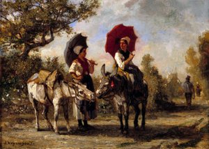 La promenade en åsna Målning av Jules Veyrassat (1828-1893) 1800-talet Privatsamling