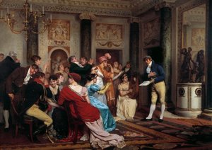 Romantik är på modet Att läsa ett teaterstycke i en parisisk salong. (Salon Litteraire) Målning av Jules Worms (1832-1914) 1800-talets Paris, Palais du Luxembourg