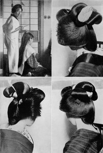 Det tar två timmar för en geishas frisyr, frisyr, varar flera dagar, c1900, 1921.