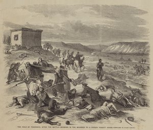 The Field of Tchernaya, efter slaget, för in de sårade till ett franskt Picquet-hus av Julian Portch