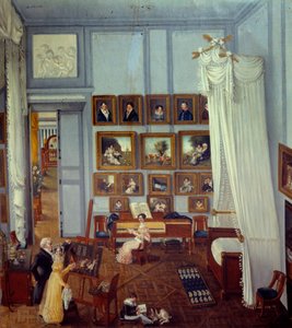 Invändig vy av residenset för riddaren Pradel av Saint Charles En stor himmelssäng pryder rummet som används som verkstad. Ett barn spelar och en ung kvinna står framför ett piano. Målning av Julie Pradel (1800-talet) 1820 Privat samling av Julie Pradel