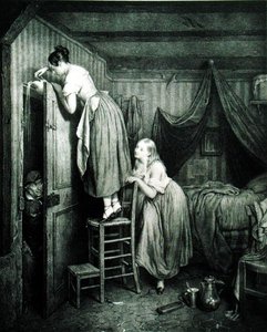 The Nosy Parker Punished, graverad av Alphonse Leon Noel (1807-84) (tryck) av Julien (after) Vallou de Villeneuve