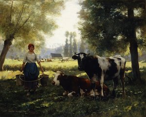 En mjölkpiga med sina kor på en sommardag av Julien Dupre