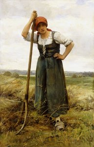Bondekvinna lutad på en höggaffel,