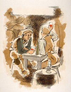Humoristisk vinillustration 1946. Illustration av Julien Pavil