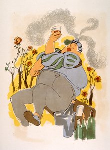 Humoristisk vinillustration 1946. Illustration av Julien Pavil