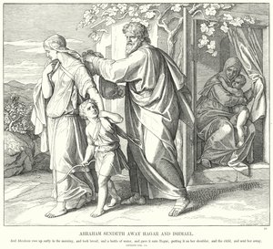 Abraham skickar bort Hagar och Ismael (gravyr) av Julius (after) Schnorr von Carolsfeld
