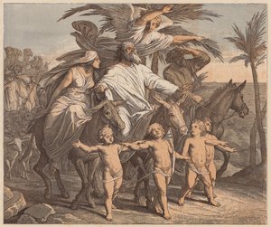 Abraham skådar det förlovade landet, Första Moseboken, XII, 7 (kolorerad gravyr) av Julius (after) Schnorr von Carolsfeld