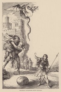 Brunhild i strid med Gunther (gravyr) av Julius (after) Schnorr von Carolsfeld