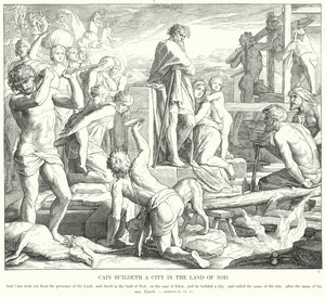 Kain bygger en stad i landet Nod (gravyr) av Julius (after) Schnorr von Carolsfeld
