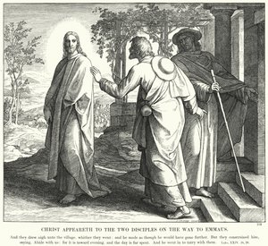 Kristus visar sig för de två lärjungarna på vägen till Emmaus (gravyr) av Julius (after) Schnorr von Carolsfeld