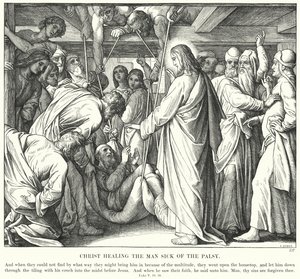 Kristus helar mannen som är förlamad (gravyr) av Julius (after) Schnorr von Carolsfeld