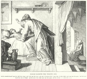 Elia uppfostrar änkans son (gravyr) av Julius (after) Schnorr von Carolsfeld