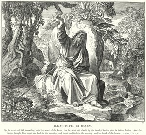 Elia matas av korpar (gravyr) av Julius (after) Schnorr von Carolsfeld
