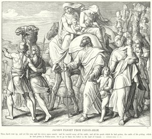 Jakobs flykt från Padan-Aram (gravyr) av Julius (after) Schnorr von Carolsfeld