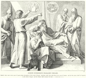 Josef tolkar faraos drömmar (gravyr) av Julius (after) Schnorr von Carolsfeld