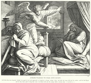 Joseph varnade att fly till Egypten (gravyr) av Julius (after) Schnorr von Carolsfeld