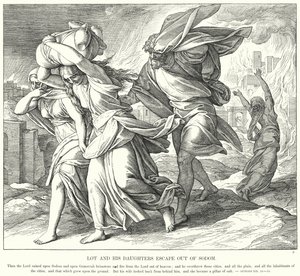 Lot och hans döttrar flyr ut ur Sodom (gravyr) av Julius (after) Schnorr von Carolsfeld