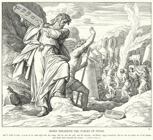 Moses bryter stentabellerna (gravyr) av Julius (after) Schnorr von Carolsfeld