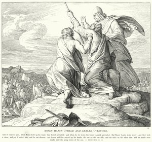 Moses händer upprätthållna och Amalek övervinner (gravyr) av Julius (after) Schnorr von Carolsfeld