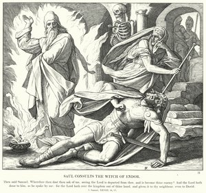 Saul konsulterar häxan från Endor (gravyr) av Julius (after) Schnorr von Carolsfeld