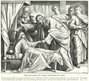Jairus dotter återupprättad till liv (gravyr) av Julius (after) Schnorr von Carolsfeld