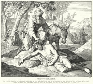 Den barmhärtige samariten (gravyr) av Julius (after) Schnorr von Carolsfeld