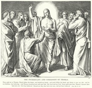 Thomass otrohet och bekännelse (gravyr) av Julius (after) Schnorr von Carolsfeld