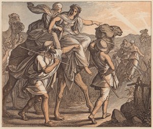 Mötet mellan Isak och Rebecka, Första Moseboken, XXIV, 64 (kolorerad gravyr) av Julius (after) Schnorr von Carolsfeld