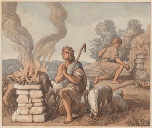 Kains och Abels offergåvor, Första Mosebok, IV, 3, 4 (gravyr i färg) av Julius (after) Schnorr von Carolsfeld