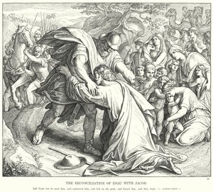 Esaus försoning med Jakob (gravyr) av Julius (after) Schnorr von Carolsfeld