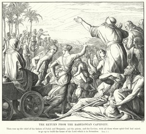 Återkomsten från den babyloniska fångenskapen (gravyr) av Julius (after) Schnorr von Carolsfeld