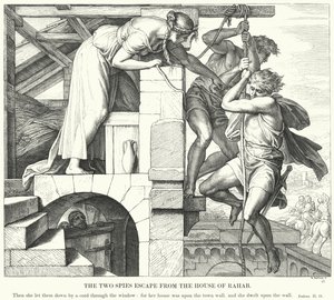 De två spionerna flyr från huset Rahab (gravyr) av Julius (after) Schnorr von Carolsfeld