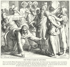 Kvinnan tagen i äktenskapsbrott (gravyr) av Julius (after) Schnorr von Carolsfeld