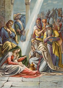 Tre vise män (färglitografi) av Julius (after) Schnorr von Carolsfeld