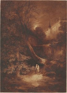 Månbelyst landskap med en munk som går nära ett palats av Julius Albert Elsasser