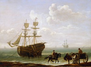 En tegelsten som fångats upp på stranden, lossas till vagnar. Olja på duk, ca 1790, av Julius Caesar Ibbetson (1759-1817). av Julius Caesar Ibbetson