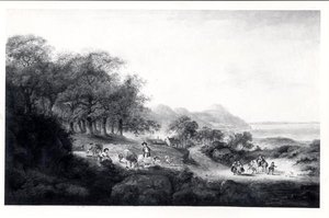 Distant View of Anglesea (olja på duk) (svartvitt tryck) av Julius Caesar Ibbetson