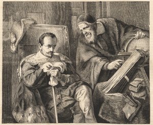 Albrecht von Wallenstein (Waldstein) (1583-1634) med astrologen Giovanni Battista Seni (Seno, Zeno, Senno Zenno) (1600-1656) efter en målning av Julius Schrader av Julius Friedrich Anton (after) Schrader