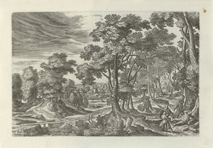 Landskap med rån på resenären Landskap med scener ur liknelsen om den barmhärtige samariten (serietitel) av Julius Goltzius