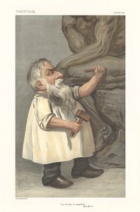 Karikatyr som visar Rodin skulptera