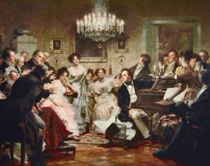 Franz Schubert (1797-1828) vid pianot under en Schubert-afton i en salong i Wien - gravyr efter Julius Schmid (1854-1935)