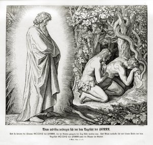 Adam och Eva gömmer sin nakenhet, Första Mosebok av Julius Schnorr von Carolsfeld
