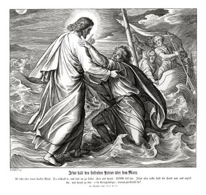 Jesus och Petrus går på vattnet, Matteusevangeliet av Julius Schnorr von Carolsfeld
