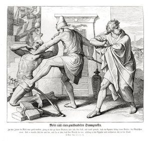 Moses hämnas misshandeln av sina bröder, Exodus av Julius Schnorr von Carolsfeld