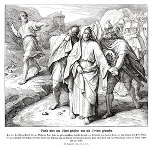 Shimei förbannar och kastar sten på David, 2 Samuel av Julius Schnorr von Carolsfeld